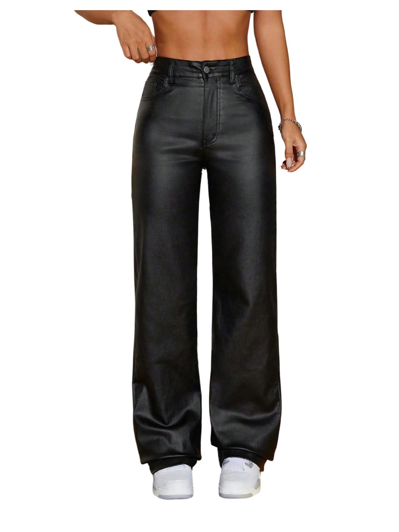 WDIRARA Womens High Waisted PU Leather Pants Punk Straight Leg Trousers Streetwear