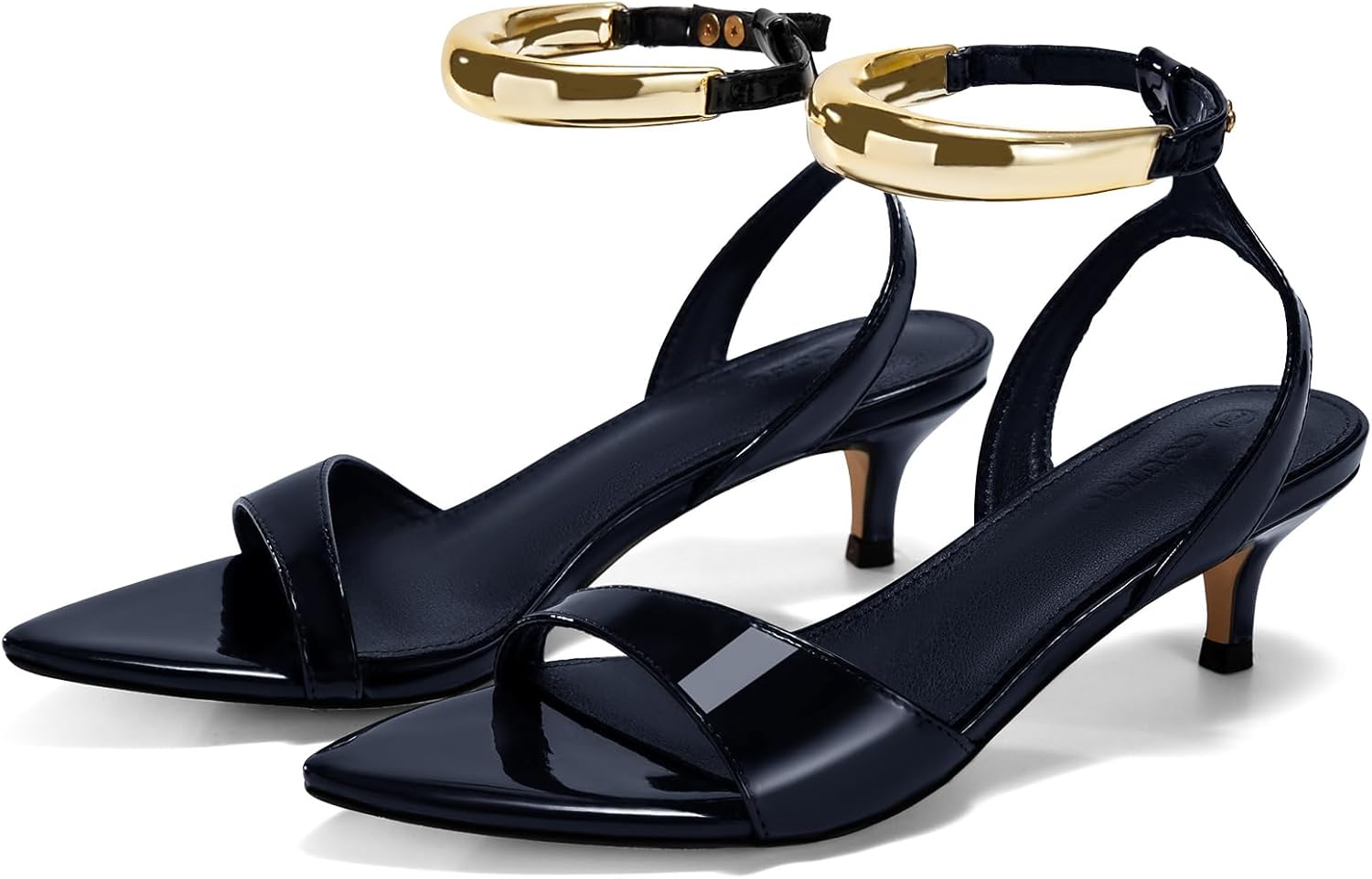 Size 9.5 Coutgo Womens Low Kitten Heels Sandals Strappy Pointed Open Toe One Strap Metal Summer Dress Shoes Navy Blue 9.5