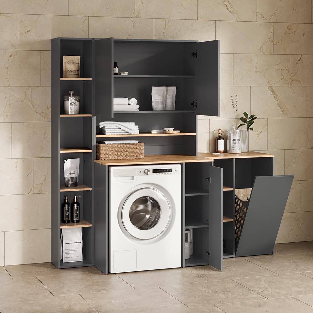 Livinity Mobile lavatrice Paolina, Antracite/Rovere dorato, 93.6 x 88.2 cm 2 parti con ripianoSpazio di stoccaggio aggiuntivo sopra l'elettrodomestico per detersivo e accessori