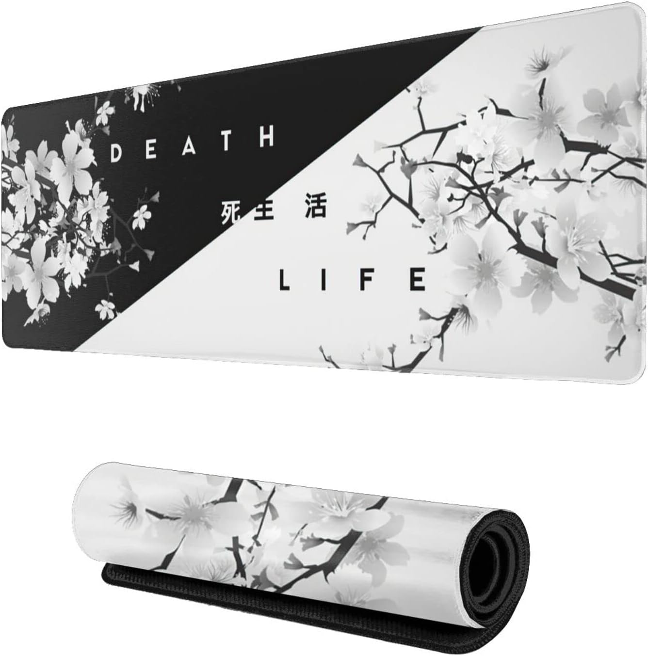 Black and White Cherry Blossom Gaming Mouse Pad XL, Extended Stitched Edges Mousepad,Large Mouse Mat Desk Pad, Long Non Slip Rubber Base Mice Pad（31.5 X 11.8 Inch）