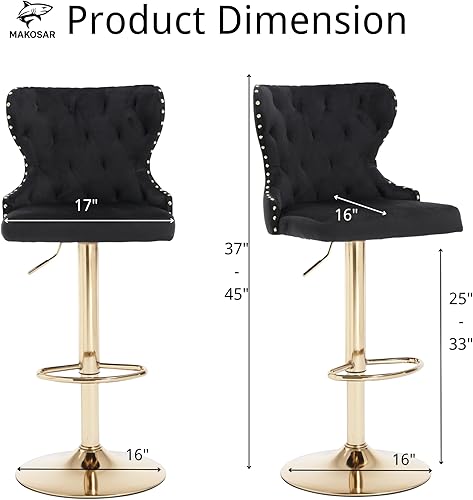Miniatura 3 de Juego de 2 taburetes de bar giratorios ajustables, sillas tapizadas de terciopelo de altura de mostrador con respaldo alto y ribete de cabeza de