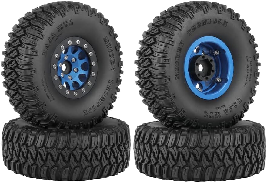 4PCS 1.55 Inch Aluminum Alloy 10Holes Beadlock Wheel Rim Tyre and 95mm Rubber Tires Set for 1/10 RC Rock Crawler Car Upgrade Parts for Tamiya AX90069 D90 TF2 CC01 LC70 Accessory (Black Blue)