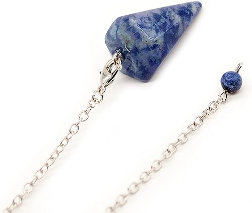 Miniatura 4 de Péndulo hecho de piedra preciosa natural de lapislázuli azul para adivinación, radiestesia, chakras, reiki. Con punta, cadena y bolsa para joyería