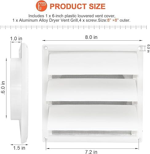Miniatura 5 de Beaquicy Cubierta de ventilación de secadora de 6 pulgadas con listones de 8 x 8 pulgadas, dimensiones exteriores para salida de campana de