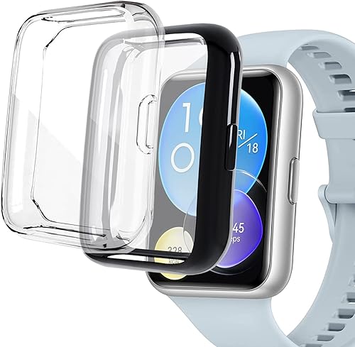 WUWOCJ Paquete de 2 fundas protectoras de pantalla compatibles con Huawei Watch Fit 2, funda protectora completa de TPU suave (negrotransparente)