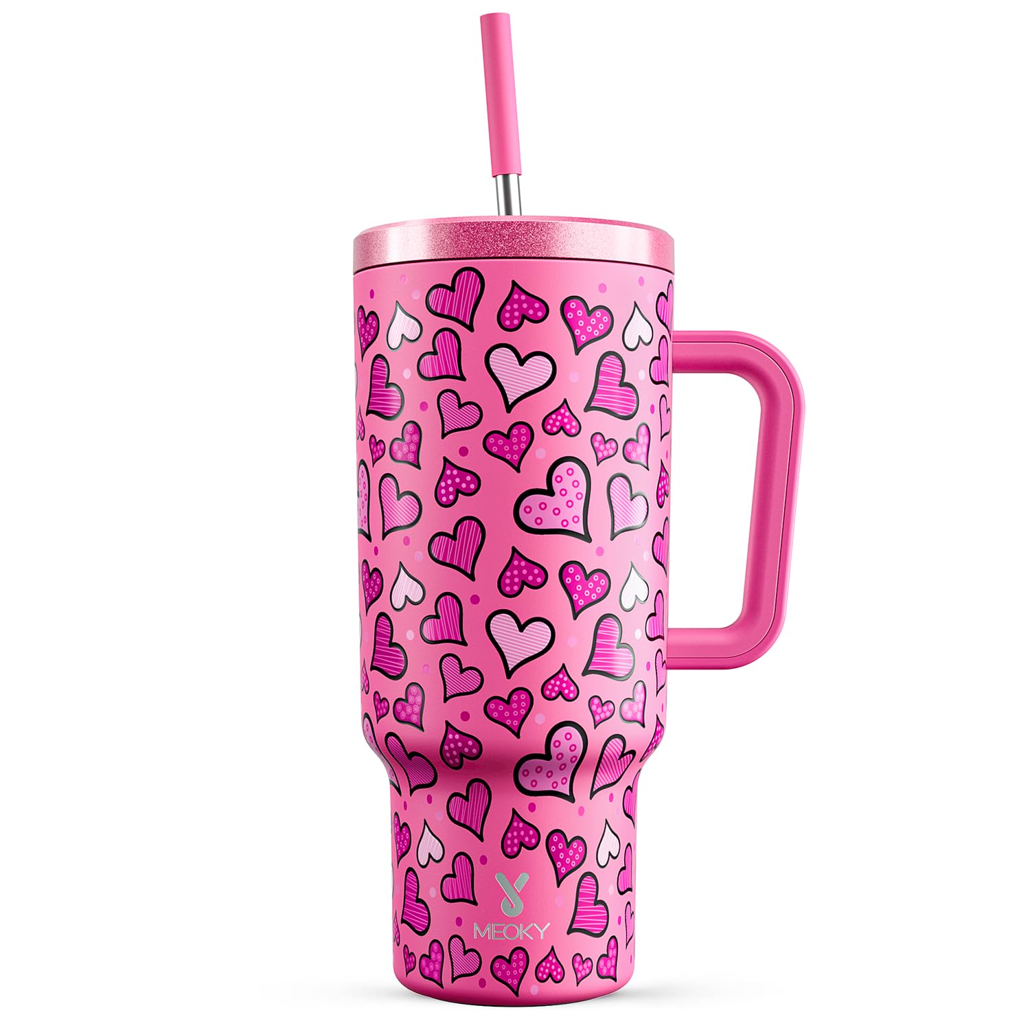 Meoky Drinking Cup with Handle and Straw, 1.2L Insulated Stainless Steel Tumbler with Lid and Straw, 100% Leakproof Cup for Car Cup Holder, Travellers, Commuters, Workers, Blush Heart — image 1