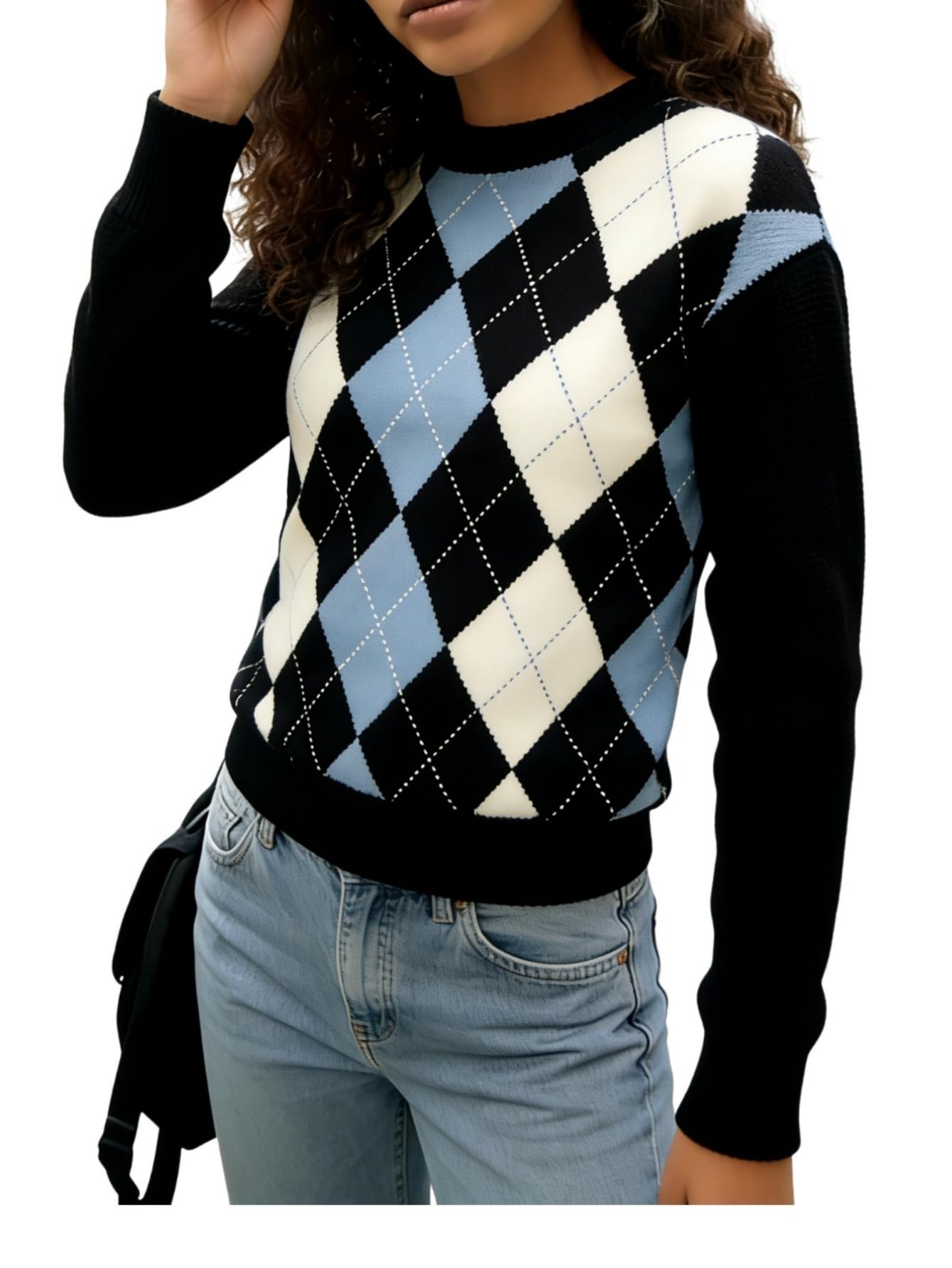 GORGLITTER Womens Argyle Sweater Long Sleeve Crew Neck Vintage Fall Fashion Trendy Knit Pullover Sweaters