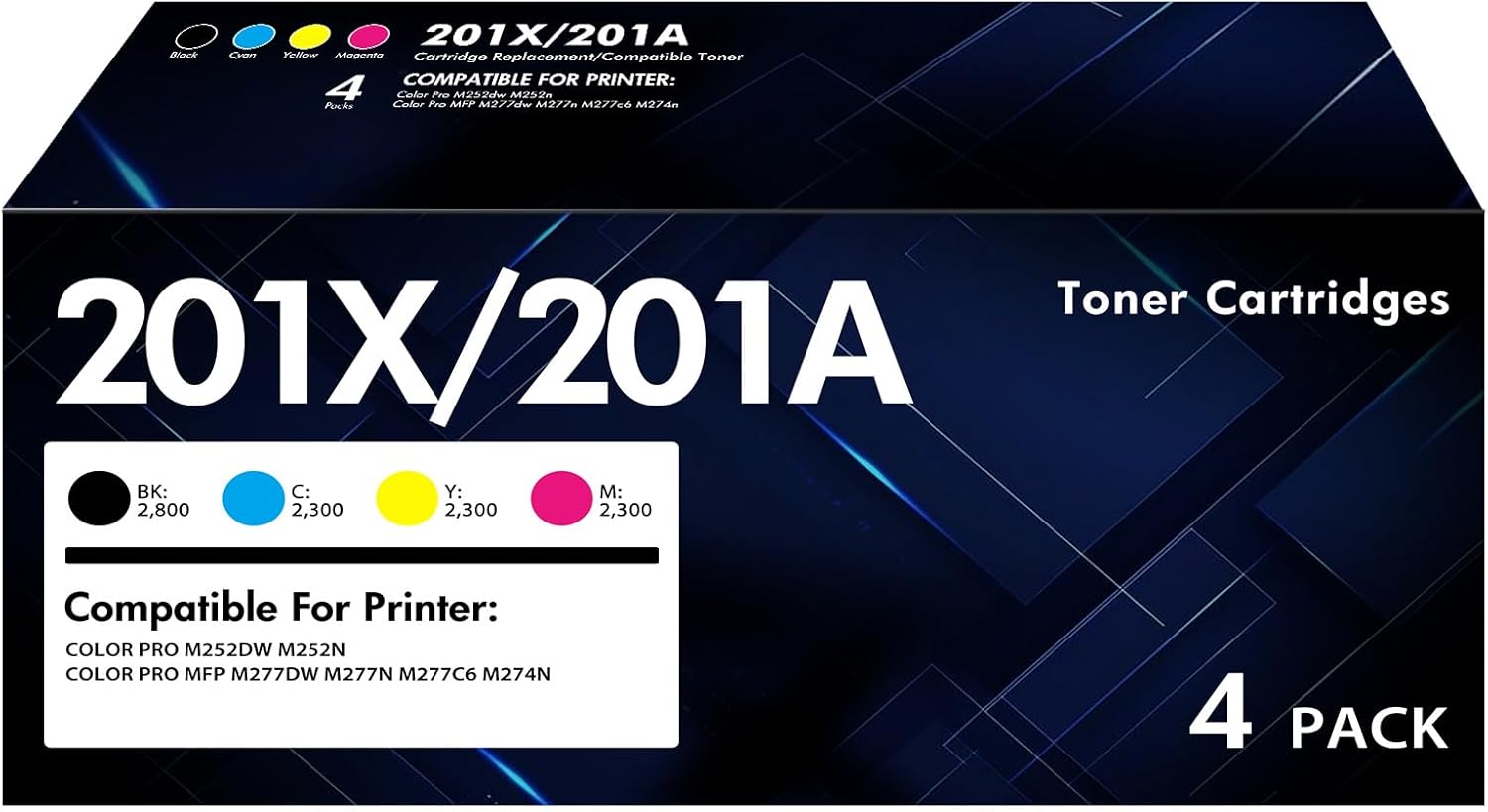 201X Toner Cartridge 4 Pack High Yield M277dw Compatible for HP 201X 201A M252dw CF400X for HP Color LaserJet Pro MFP M277dw M277c6 CF401X CF402X CF403X Printer (Black, Cyan, Magenta, Yellow)
