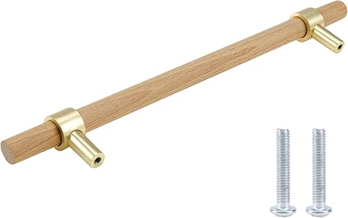 Miniatura 4 de Manija de madera de haya para cajón de armario de cocina, armario, manijas con tornillo, orificios centrales de 6.3 pulgadas (6.299 in), para tienda