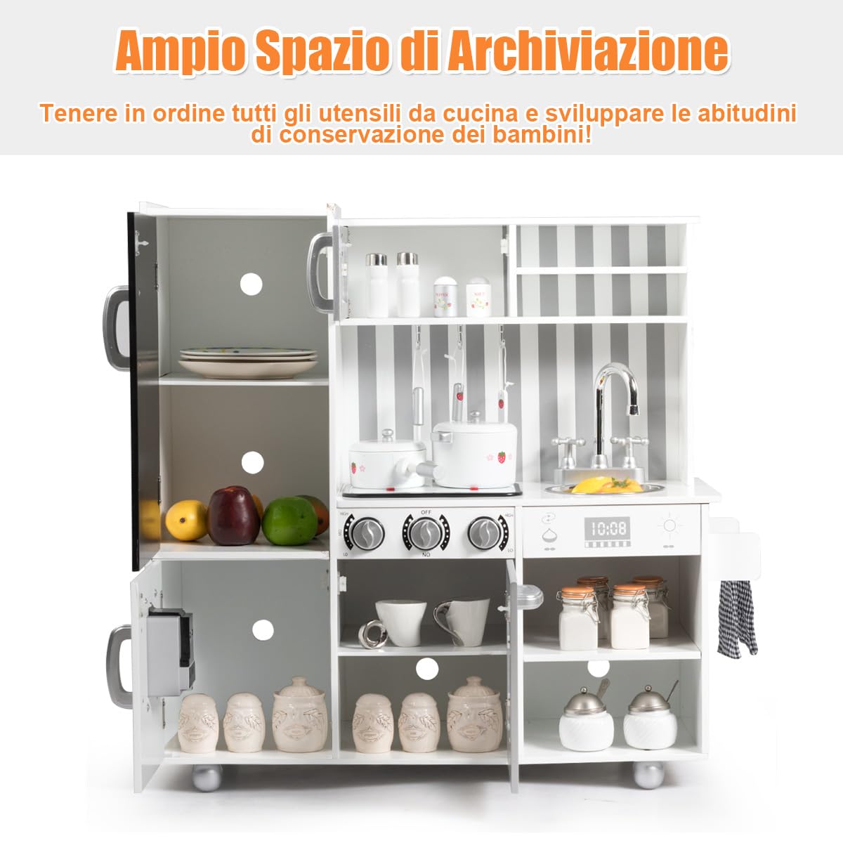 RELAX4LIFE Cucina Giocattolo in Legno per Bambini, Mini Cucina con Forno, Microonde e Frigorifero, Effetti Luminosi e Sonori, Natale/Compleanno/Feste