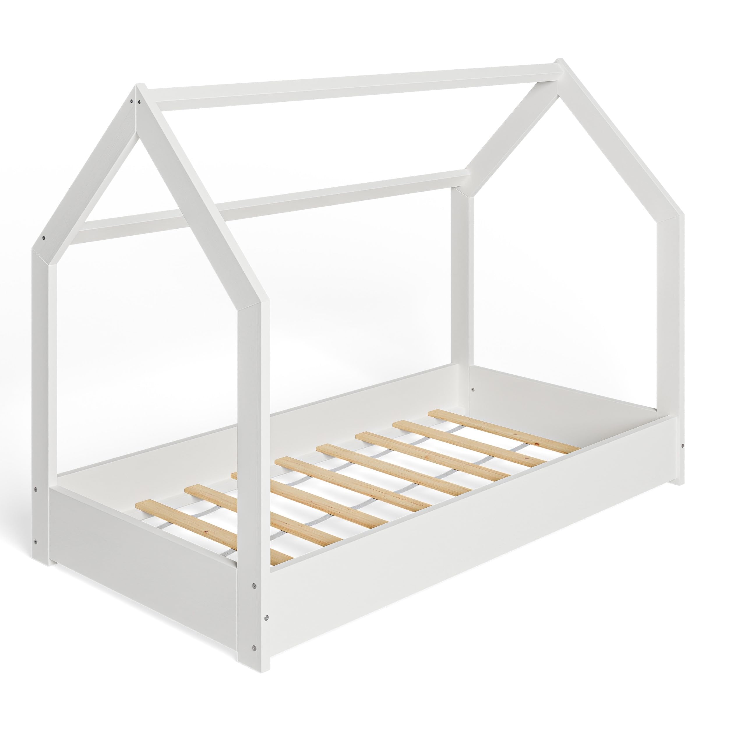 MS FACTORY Letto Casetta in Legno Massello 80x160 cm con Telaio a Doghe - Letto per Bambini Singolo - Stile Scandinavo Nordico Montessori - Bianco