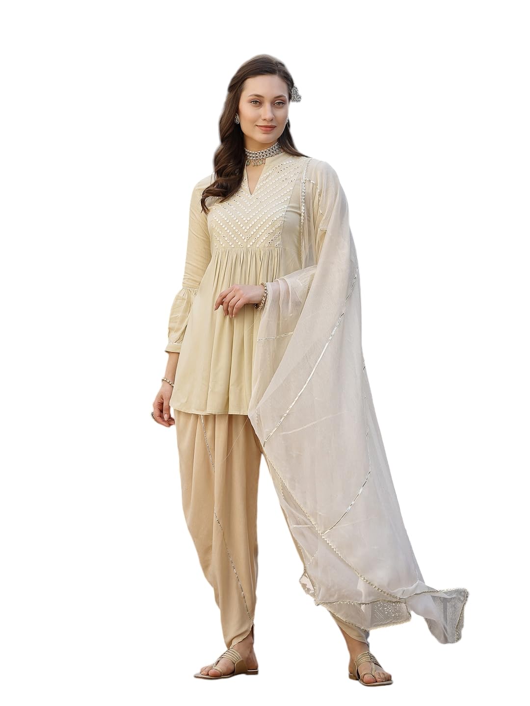 Stylum Women's Embroidered & Embellished Rayon Pleated Kurti With Dhoti Pant & Dupatta (Kpdcreamcrush44_Cream, Xxl)