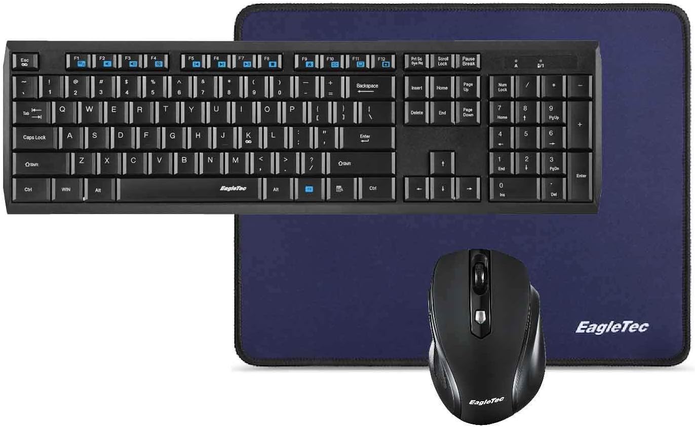 Eagletec K104-BB Full-Size Wireless Mouse and Keyboard Combo with Mouse Pad, 2.4GHz USB Wireless Connection for Windows, PC, Laptop