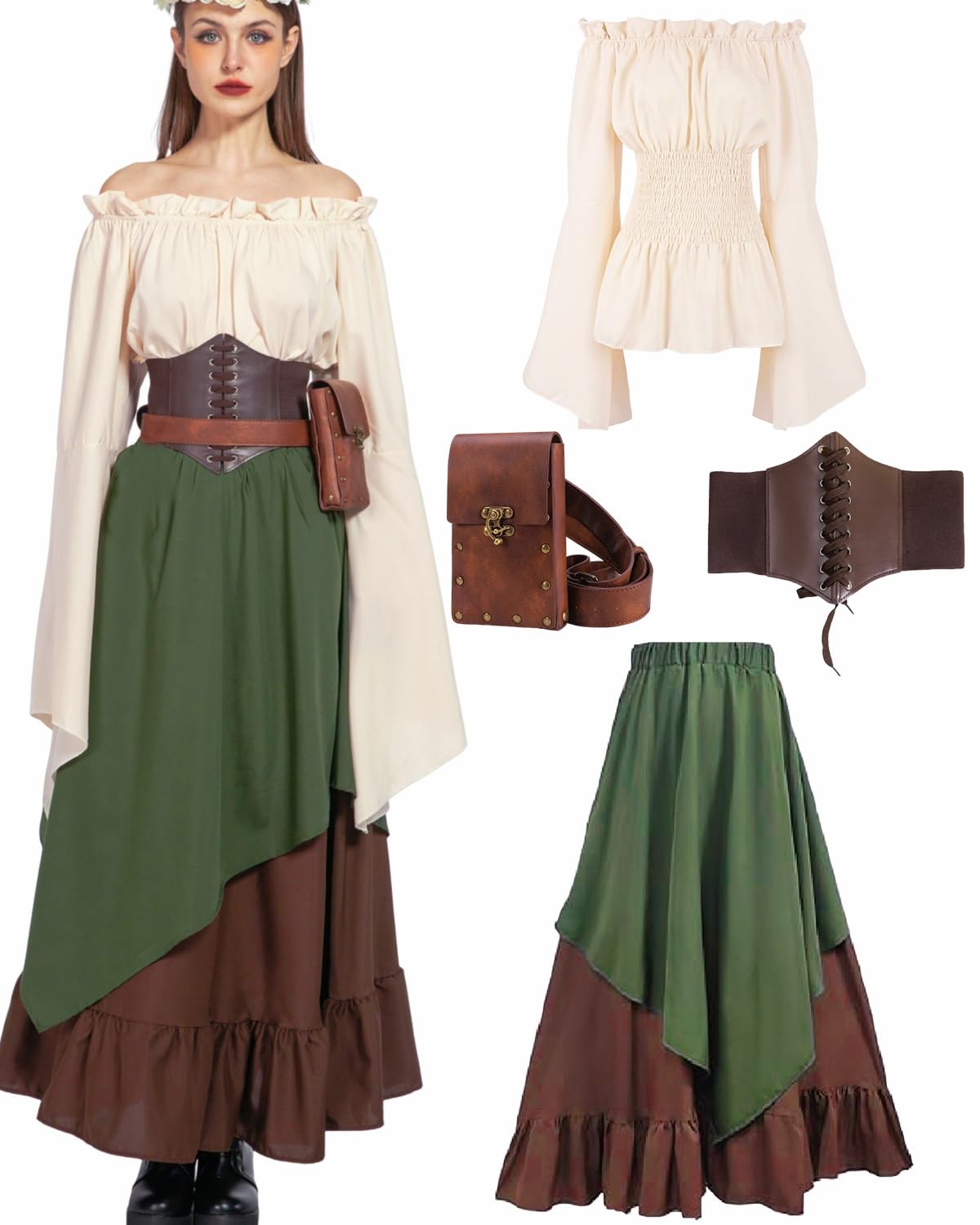 5 Pieces Medieval Clothing Women's Set, Retro Off Shoulder Blouse Dress Renaissance Costume Victorian Clothing Maxi Dressm with Corset, Belt Bag, Belt, Carnival Fancy Dress Costume (Green, XL)