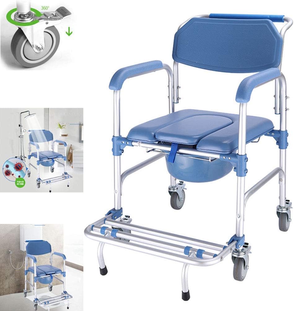 4 in 1 Commode Chair/With Wheeled Toilet Chair/Wheelchair Shower Transport Chair /4 Wheel Brakes(360°)/Foldable Mobile Toilet Elderly Disabled Person