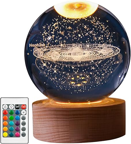 Miniatura 9 de Luz nocturna de bola de cristal 3D, 3.15 pulgadas, 16 colores que cambian con control remoto y base de madera, adornos de bolas de cristal de la