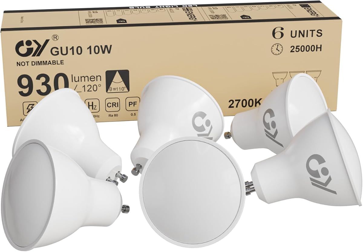 GY GU10 LED Bulbs Warm White 2700K 10W 930lm, Energy Saving High Lumen Light Bulbs Equivalent to 100W,120° Wide Beam Non-dimmable, Pack of 6