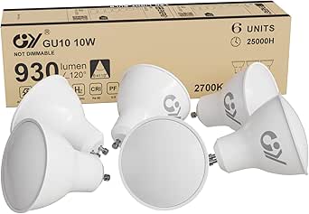 GY GU10 LED Bulbs Warm White 2700K 10W 930lm, Energy Saving High Lumen Light Bulbs Equivalent to 100W,120° Wide Beam Non-dimmable, Pack of 6