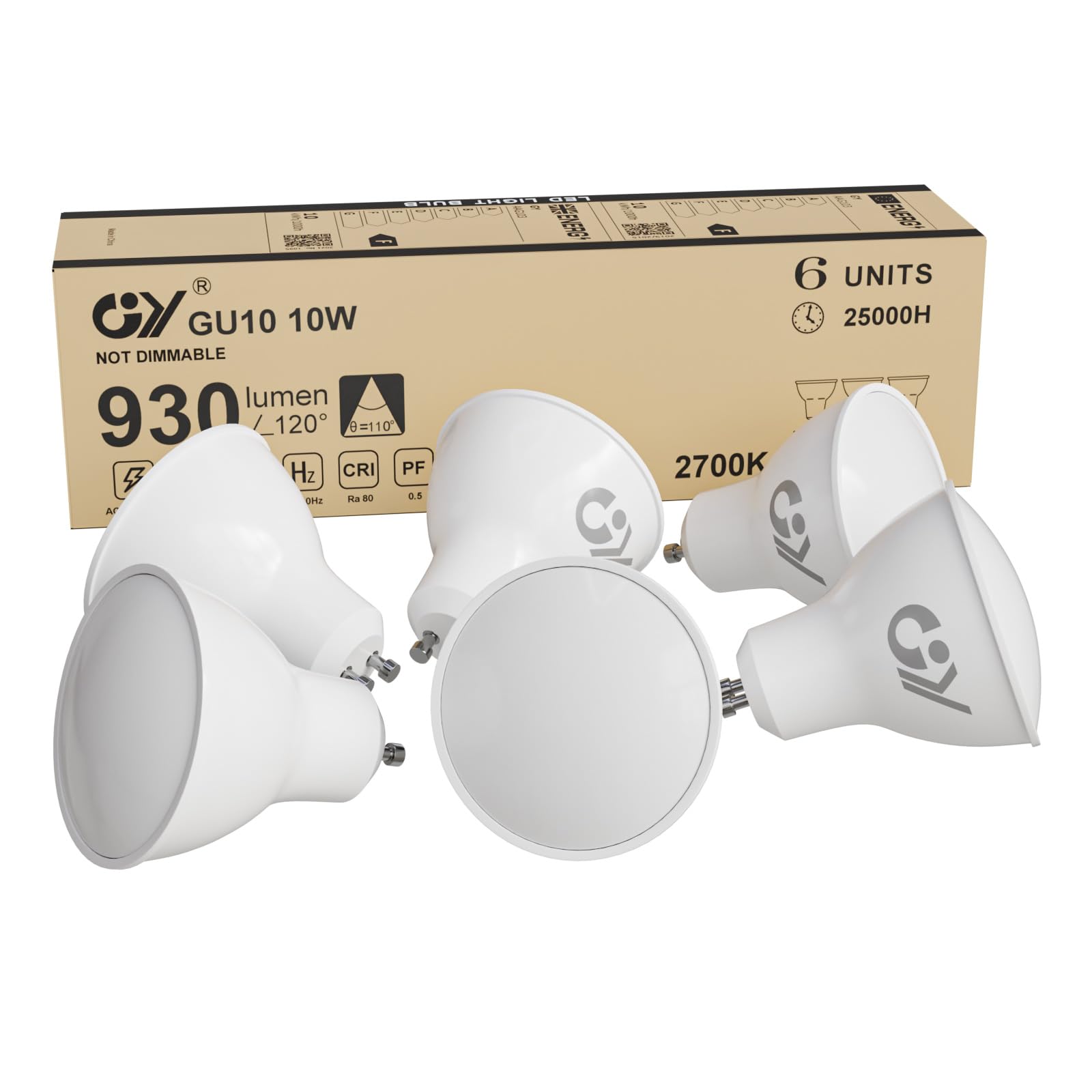 GY GY GU10 LED Bulbs Warm White 2700K 10W 930lm, Energy Saving High Lumen Light Bulbs Equivalent to 100W,120° Wide Beam Non-dimmable, Pack of 6