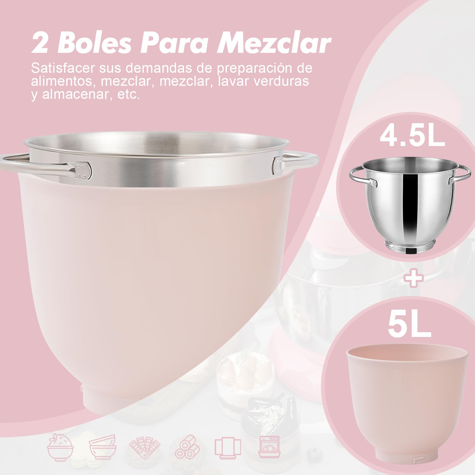Kitchen in the box Batidora Amasadora, Amasadora de Pan con 2 Boles de 4,5 L + 5 L, 10 Velocidades Robot de Cocina con Batidor, Gancho Amasador, Batidora Mezcladora, 1300 W (Rosa Claro) — view 4