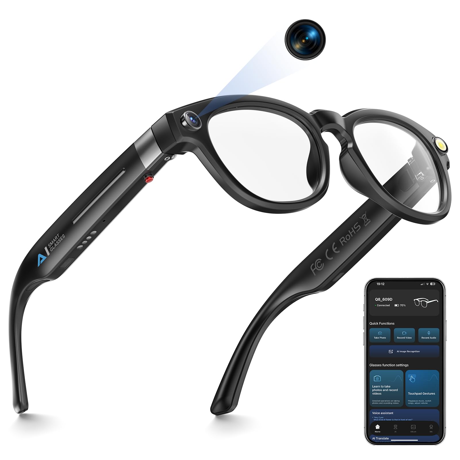 EpochTecEpochTec 8MP Camera Glasses, AI Smart Glasses with Real-Time Translation & Object Analysis | HD 1200P 4K Video Recording, No WiFi Required Color-Change Sunglasses with Camera for Men Women (32GB)