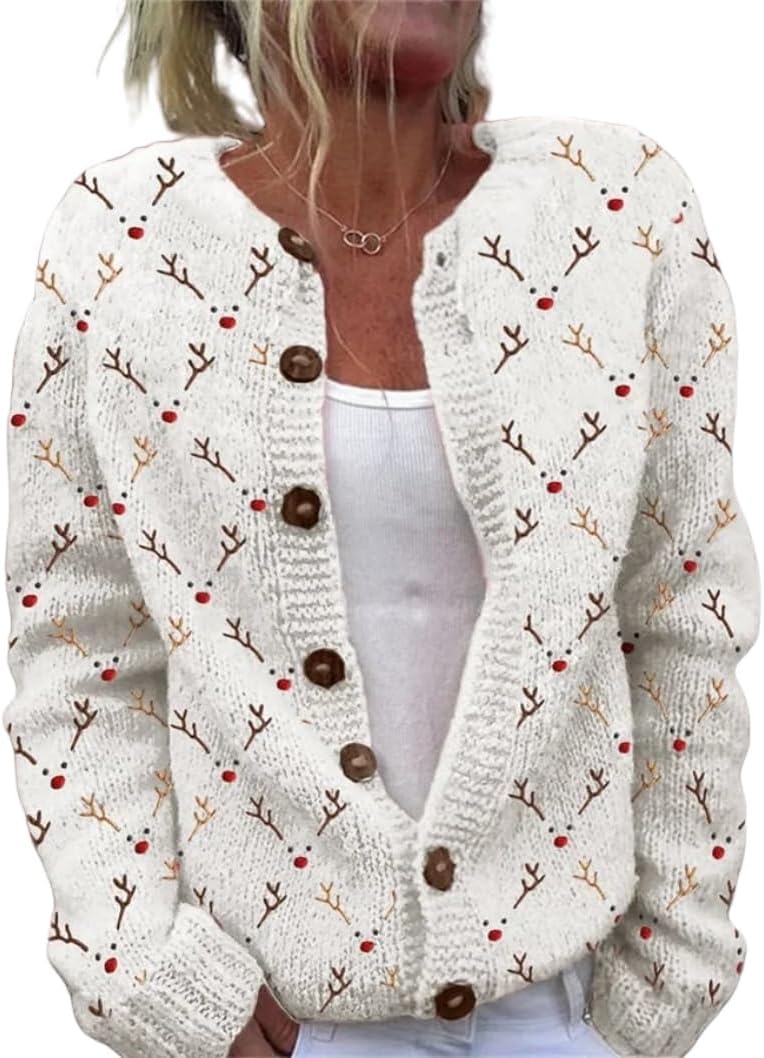 Women's Funny Fall Winter Animal Floral Christmas Tree Long Sleeve Button Knit Cardigan Sweater - Image 2