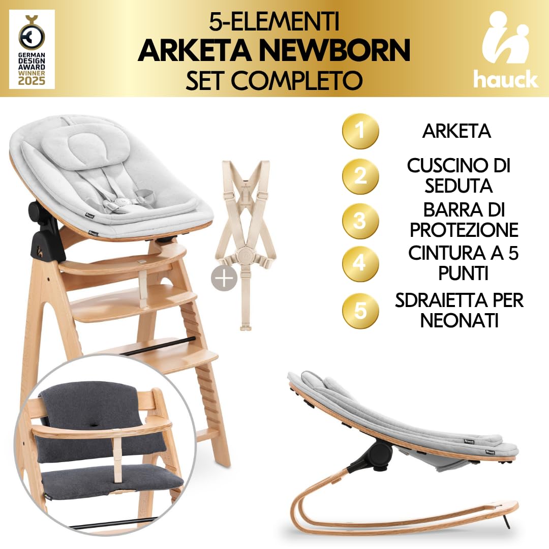 hauck Seggiolone Pappa Arketa Newborn Set Eco Bouncer – Seggiolone Evolutivo Legno Regolabile per Crescere insieme fin dalla Nascita, incluso Sdraietta Neonati e Cuscino (Faggio)