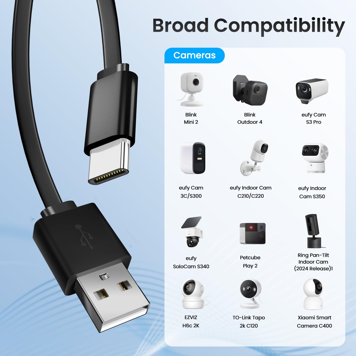 Flat USB A to USB C Extension Long Cable 10FT/3M with Fixing Nails and Ties 2Pack Charging Cord for Security Camera Tapo C120, Eufy S3 Pro, Wyze, Blink, Black image 4