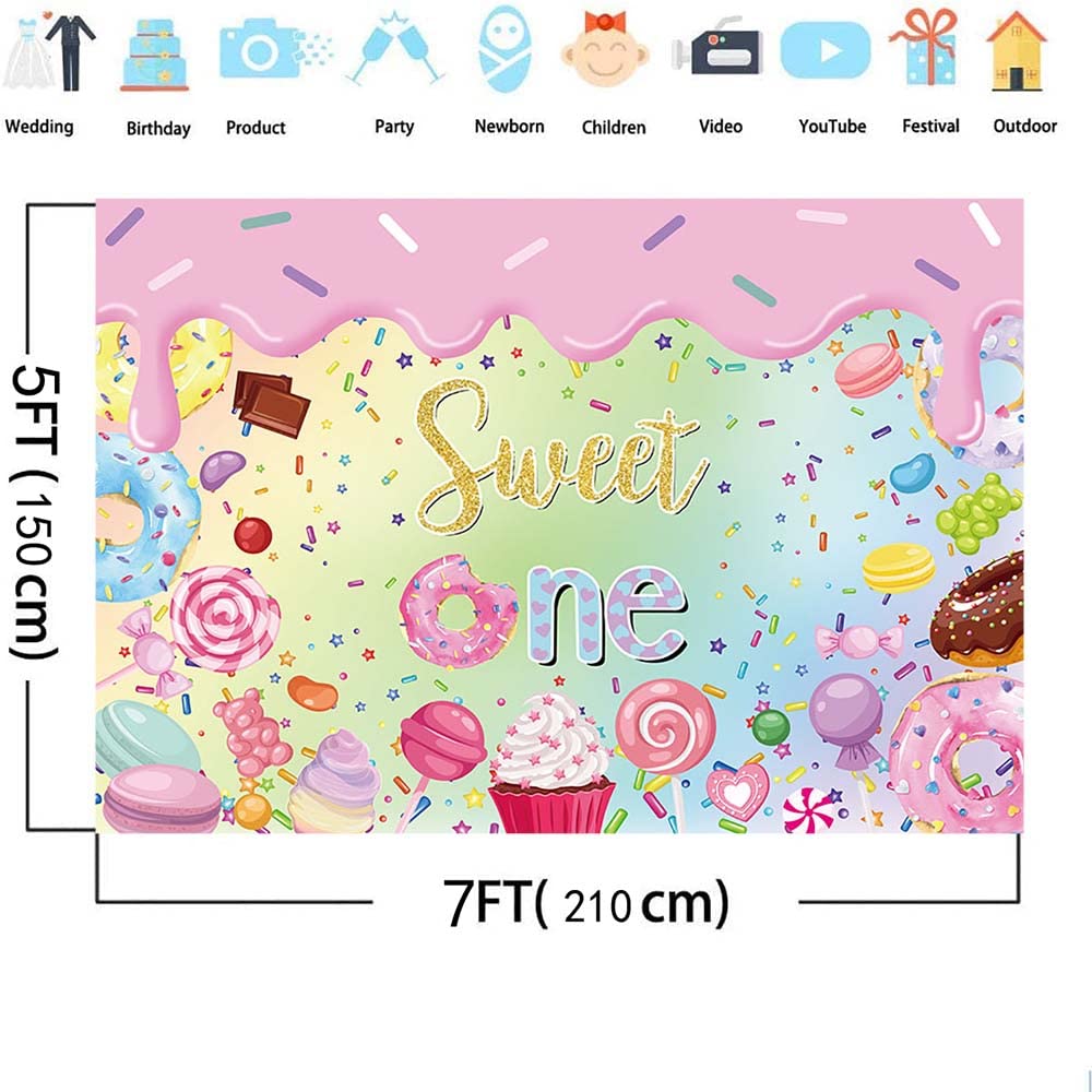 AIBIIN Donut Sweet One Backdrop - 7x5ft Vinyl Photo Background For 1st Birthday Party Decor