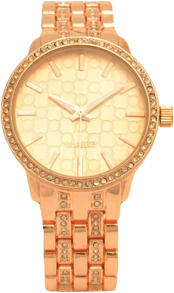Rose Gold Paved Dial Pattern Design Gem Adorned Fold Over Clasp Double Button Petite Wedding Quartz Watch
