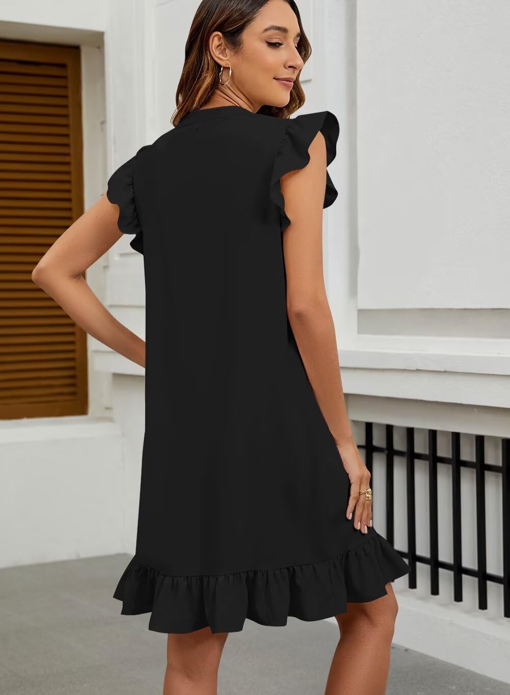 Wkior Summer Dresses for Women 2026 Casual V Neck Cap Sleeve Ruffled Hem T-Shirt Dress Flowy Swing Smock Mini Sundress - Image 6