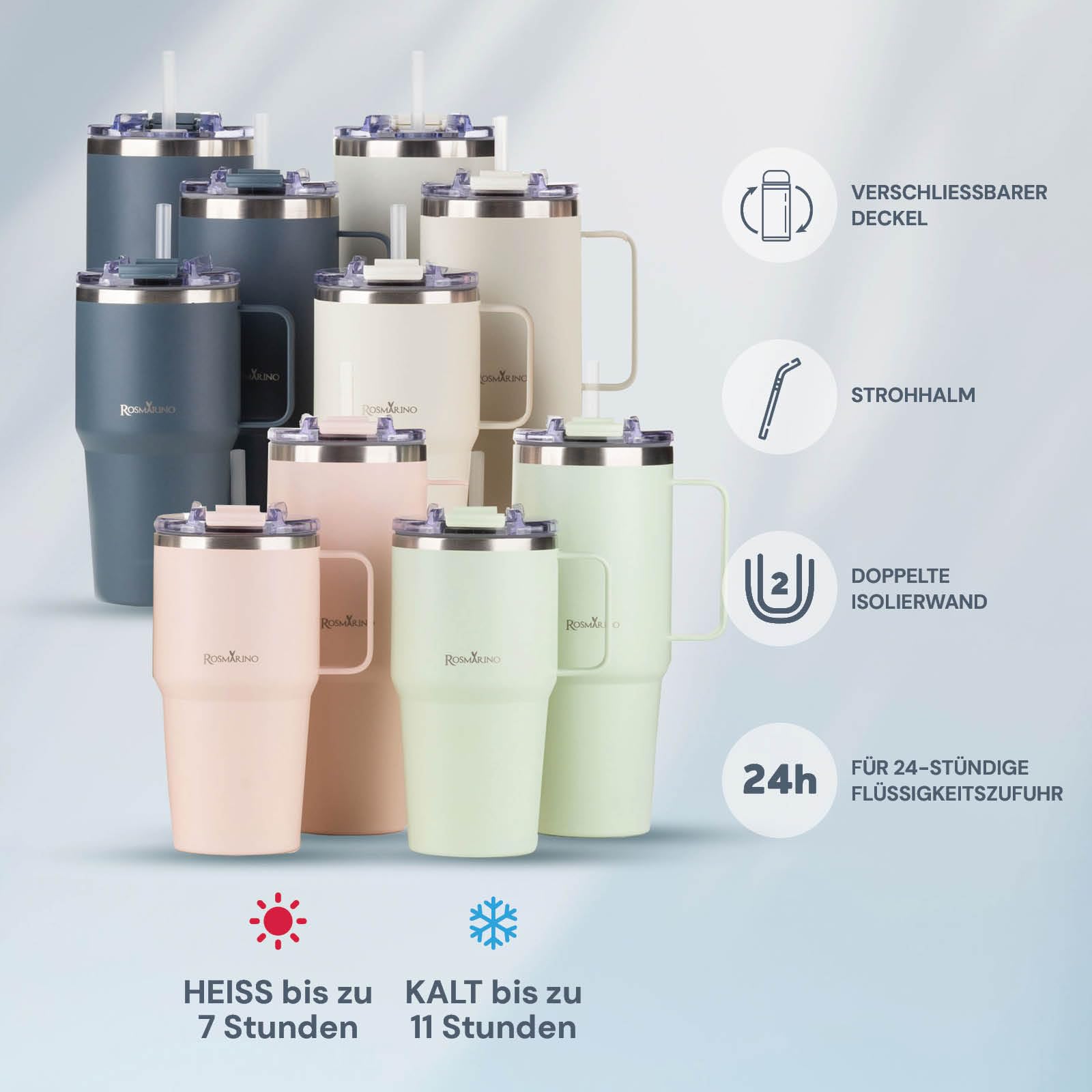 ROSMARINO Kubek termiczny XXL, 1160 ml, ze słomką, utrzymuje zimno przez 11 h i ciepło przez 7 h, szczelny, nie zawiera BPA, kubek do kawy To Go
