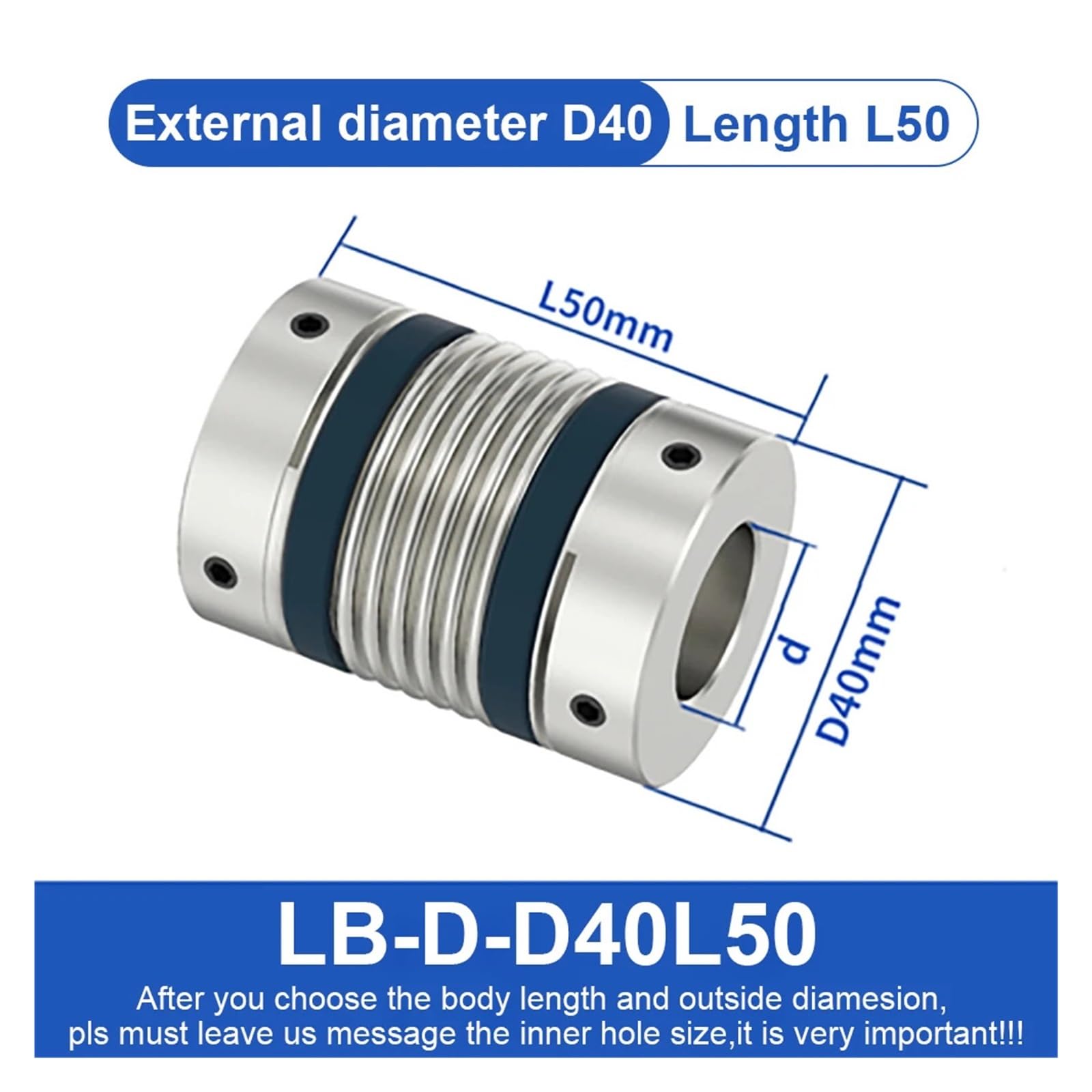 Giunto a soffietto Accoppiamento albero D40 L50/58 Soffietto Accoppiatore motore flessibile Alluminio CNC Alta elasticità Giunto universale Stampante 3D Cardanico(LB-D-D40L50-14X14)