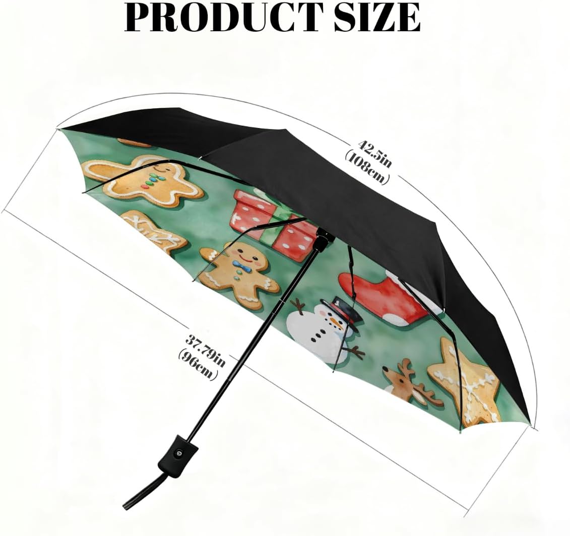 Watercolor Christmas Gingerbread Folding Umbrella Windproof Compact Lightweight Travel Umbrella with 8 Reinforced Ribs, Portable UV Sun & Rain Protection for Men & Women