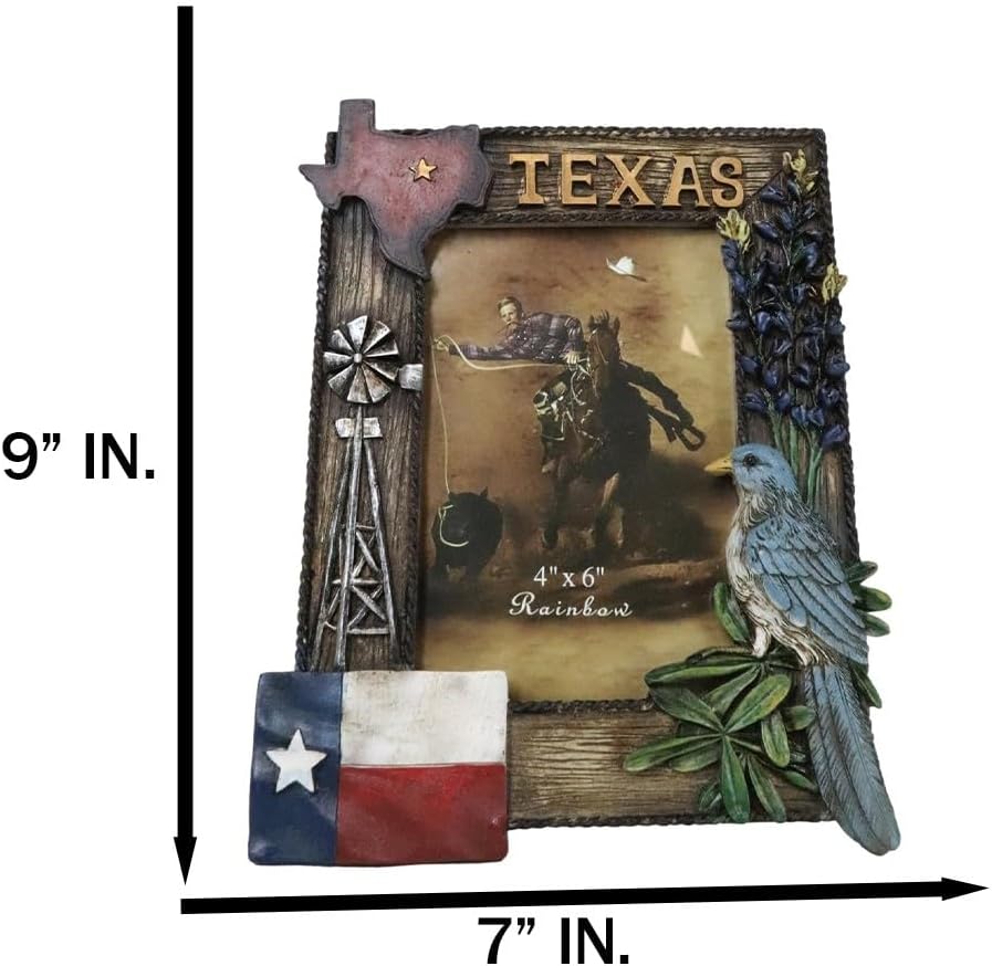 Ebros Gift Rustic Western Country Lone Star Patriotic Texas Mockingbird Farm Windmill Bluebonnets Faux Wood 4X6 Picture Photo Frame With Easel Back Stand Or Wall Hanger