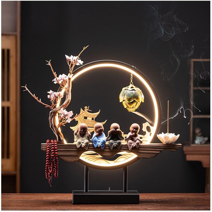 Ceramic Buddha Monk Backflow Incense Holder Monk and Plants with LED Light Ring Chinese Style Perfect for Relaxing or Home Decor
