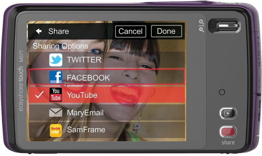 Back view of the Kodak EasyShare Touch M577 camera showing the share screen