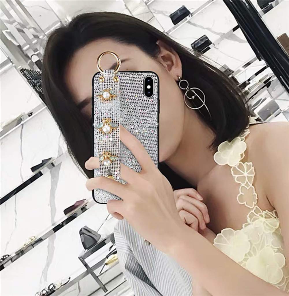 Uposao Cover in peluche compatibile con 11 Pro, morbida custodia per cellulare invernale con cristalli e strass a forma di cuore, per donne e ragazze, colore: bianco e rosa