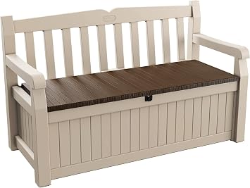 Keter Eden Bench 265L Outdoor 60% recycled Garden Furniture Storage Box Beige & Brown Wood Panel Effect | Fade Free | All Weather Resistant | Safe and Secure | Zero Maintenance |
