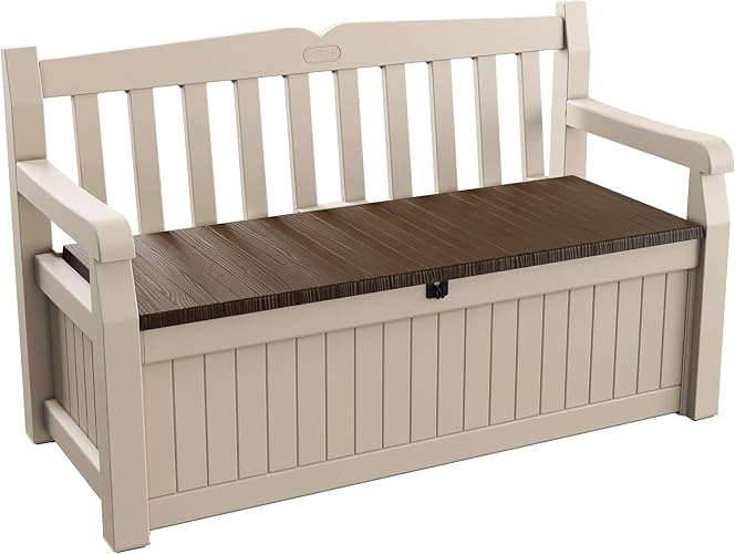 Keter Eden Bench 265L Outdoor 60% recycled Garden Furniture Storage Box Beige & Brown Wood Panel Effect | Fade Free | All Weather Resistant | Safe and Secure | Zero Maintenance | 2 year Warranty - Biege