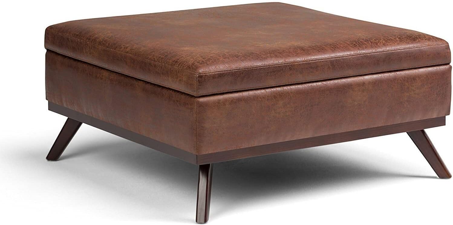 HomeStock 36 Inch Wide Global Greatness Modern Square Coffee Table Storage Ottoman in Distressed Grey Taupe Vegan Faux Leather