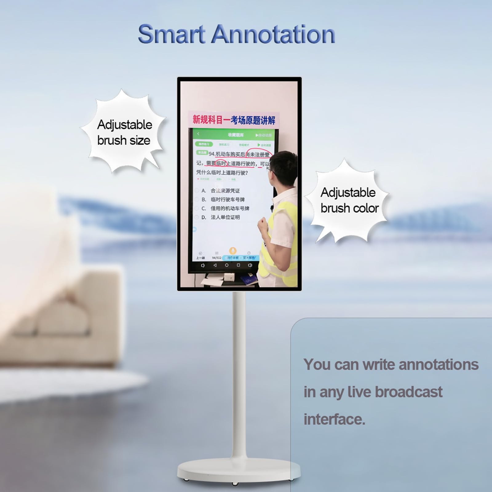 TV Portatile Mobile, Monitor Intelligente Portatile da 21.5 Pollici, Touchscreen Girevole con Telecamera, Smart TV Mobile da Pavimento, 128G/White