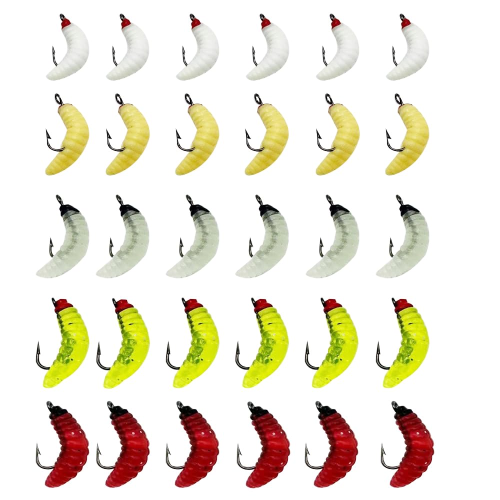 30 unidades por caja de 5 colores de PVC gusanos de pesca con anzuelos 8# para pesca de gusanos brillantes para pesca de trucha, crappie, pez sartén, azul
