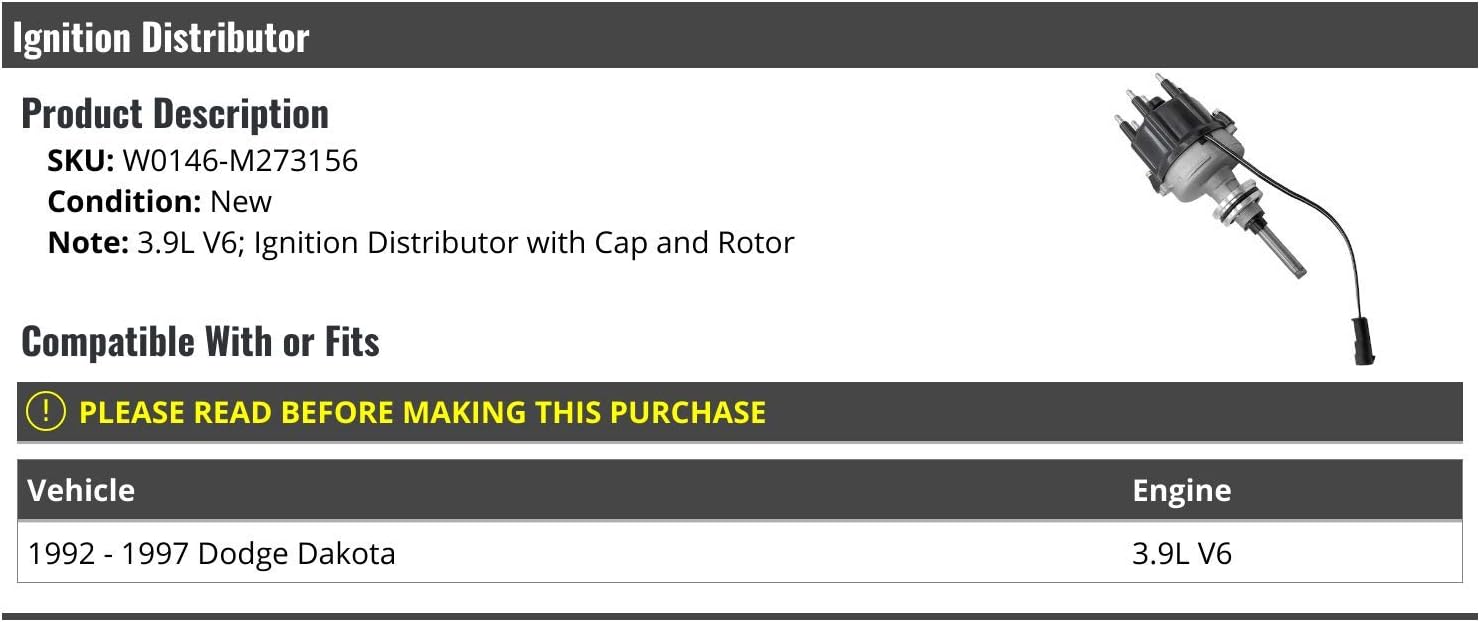 Ignition Distributor with Cap and Rotor - Compatible with 1992-1997 Dodge Dakota 3.9L V6