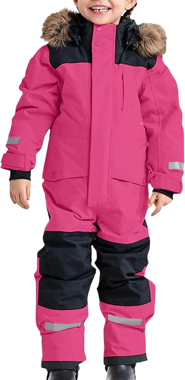 Snow Suit for Kids One Piece High Collar Hooded Snowsuit Boys Girls Waterproof Winter Outdoor Snowboarding Ski Suit