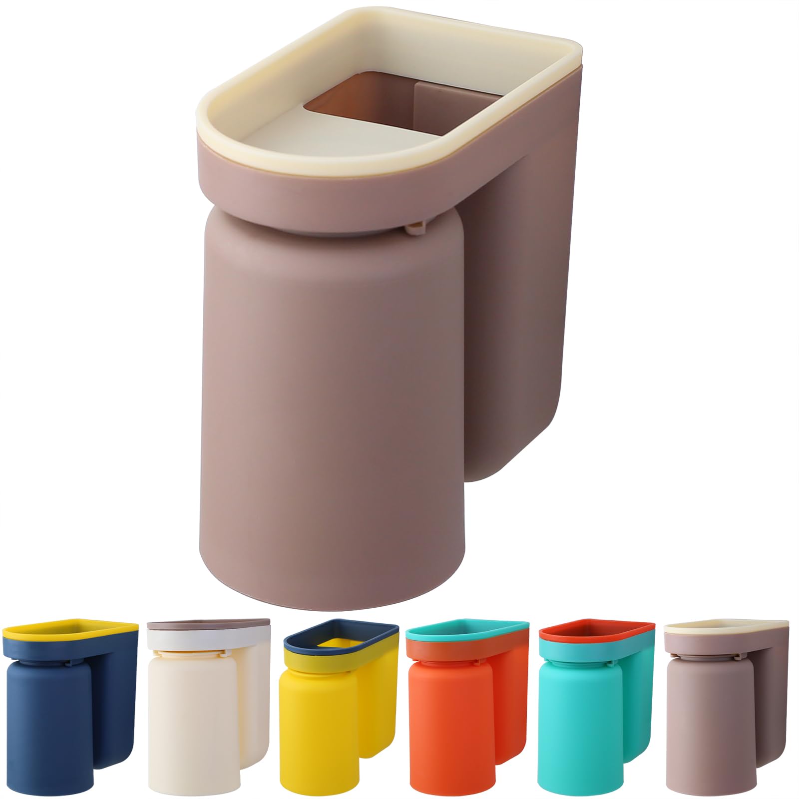 Wall Mounted Toothbrush Holder with Cup, 2-in-1 Plastic Toothbrush Holder and Mouthwash Cup, Self-Adhesive Inverted Design for Easy Drainage and Cleaning, Suitable for Bathrooms (brown)