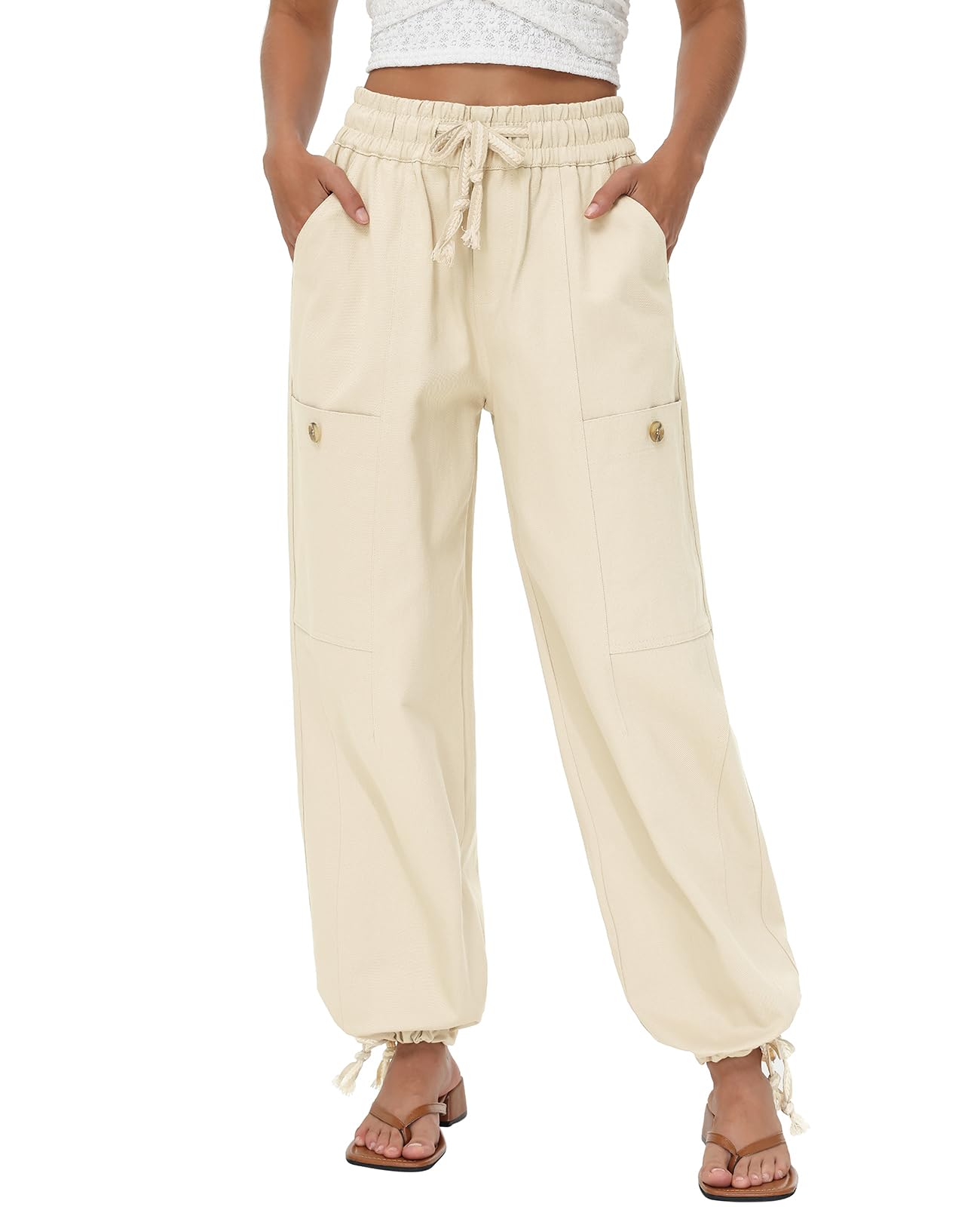 ATOFY Women's Casual Cargo Pants Joggers Cotton Elastic Waist with Pockets Drawstring Baggy Trousers(Beige,L)