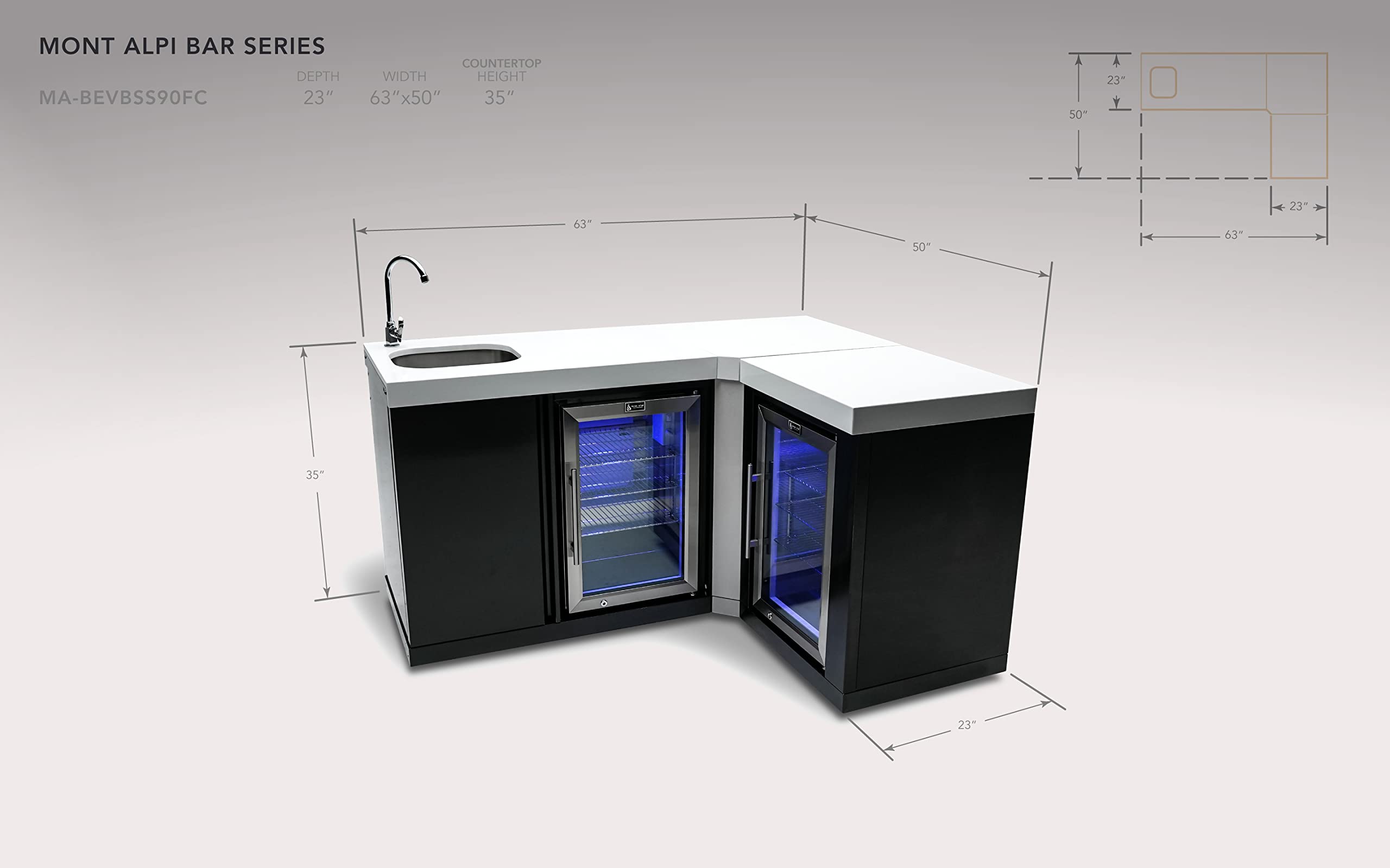 Mont Alpi MA-BEVBSS90FC Bar Series 90 Degree Corner Black Stainless Steel Double Outdoor Rated Refrigerator Wine Cooler Beverage Center Granite Countertops with Blue LED Lighting + Faucet & Sink on Fridge.com