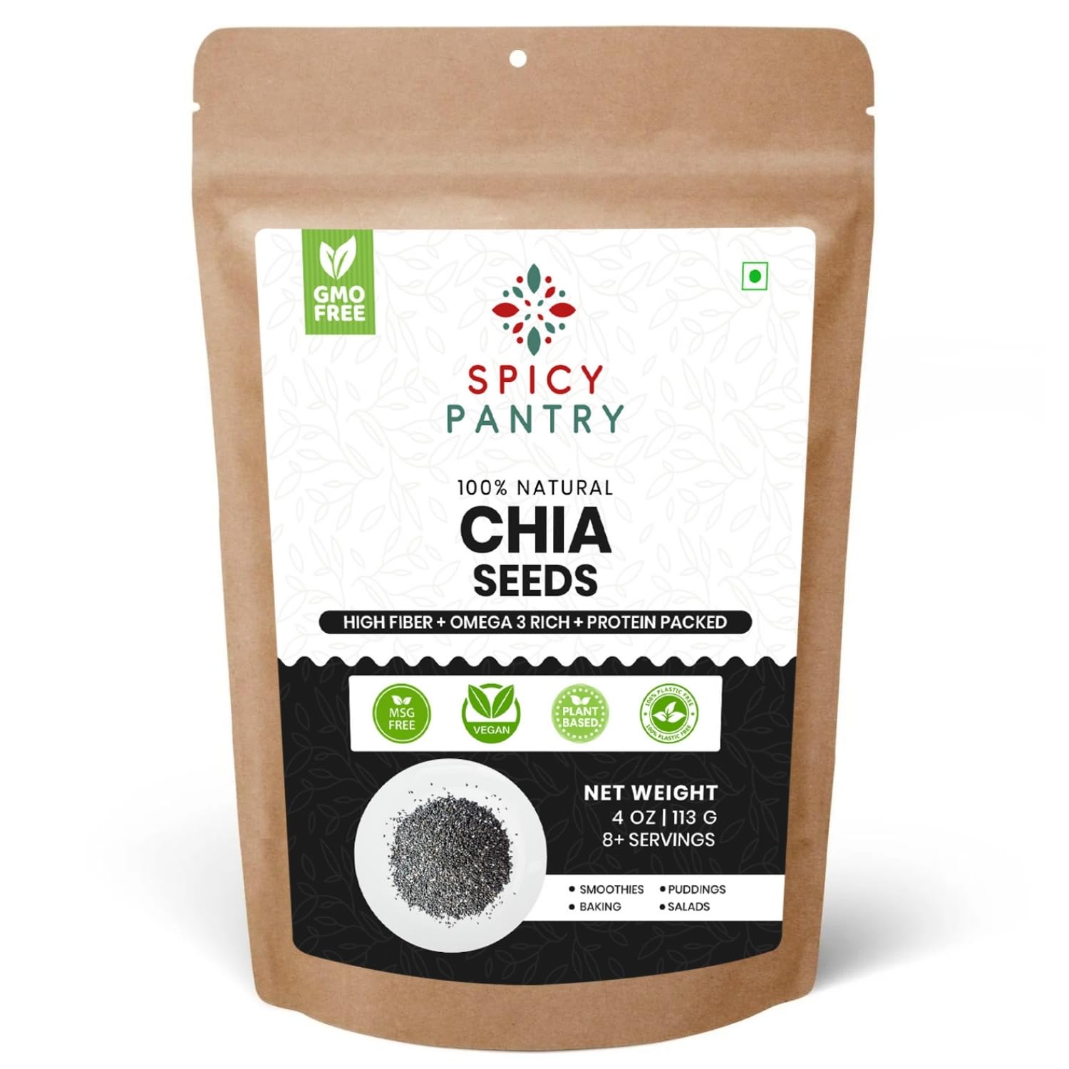 SPICY PANRY Whole Chia Seeds 4 oz– Non-GMO, Gluten Friendly Superfood for Smoothies, Oatmeal, Yogurt, Pancake, Baking & Salads Mix