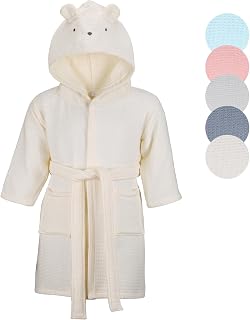 KAKU NANU Bademantel Kinder 100% Baumwolle 2-10 Jahre,5 Farben Frottee-Bademantel Morgenmantel mit Kapuze 2 Taschen,Gürtel,Weich Saugstark